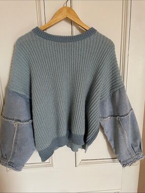debut Light Blue Knit Sweater with Denim Sleeve Panels